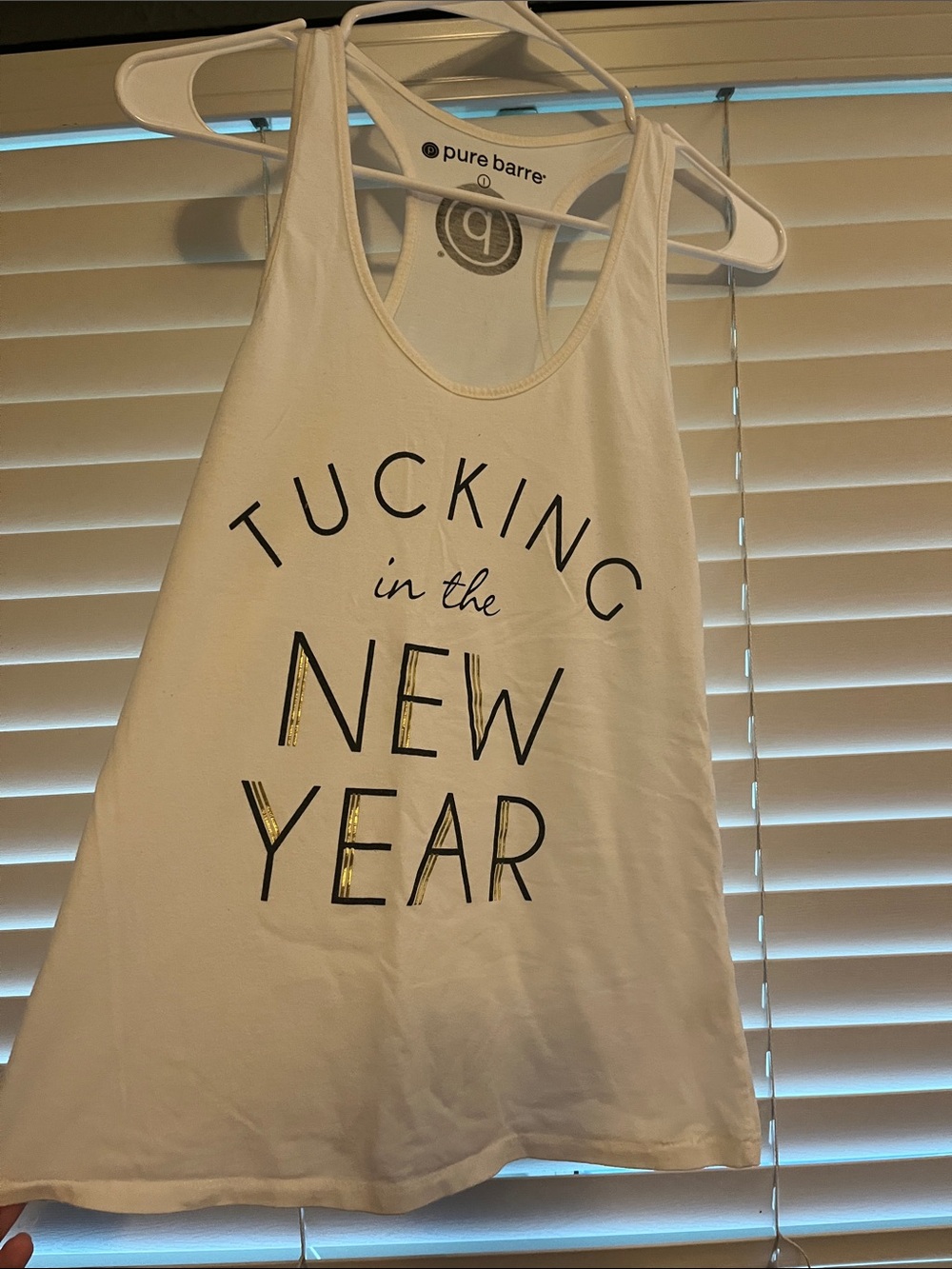 Pure Barre White Tank with Black and Gold Graphic